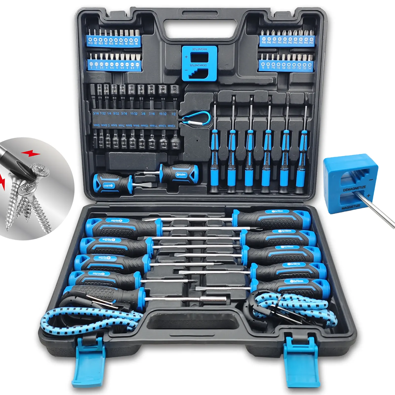 83-Piece Strong Magnetic Tips Bits Screwdriver Set, CR-V Steel, Sturdy Toolbox-Included Kit with Slotted/Phillips/Torx Precision Screwdriver Sets, Nut Drivers, Bungee Cords, Magnetizer for DIY Projects, Appliances