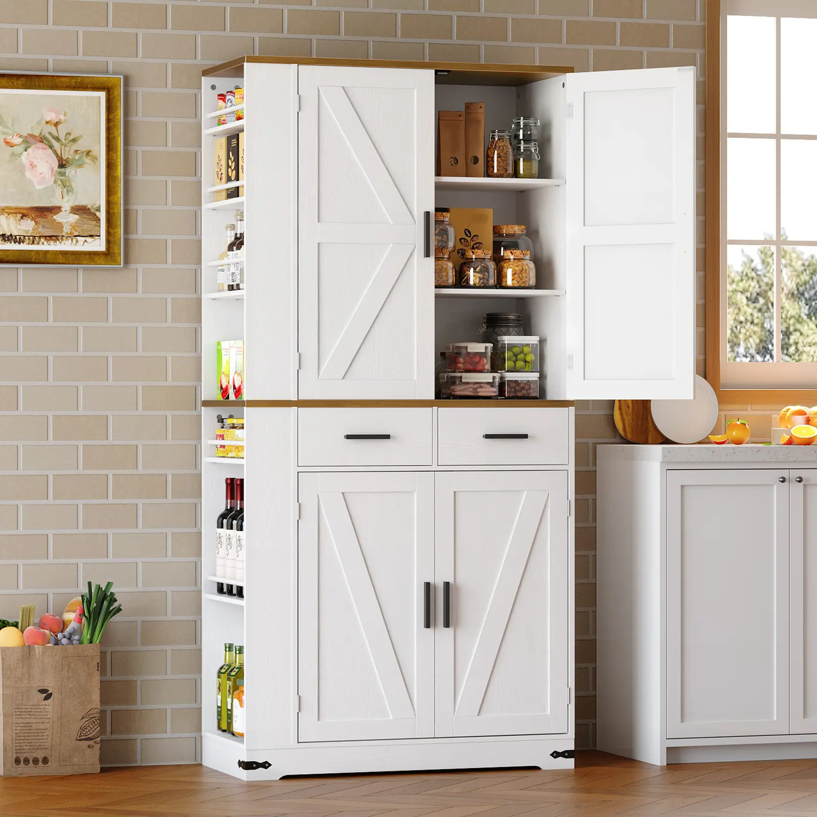 HOOBRO 70.9" Farmhouse Kitchen Pantry Cupboard Sideboard - Safe Storage Cabinet, Freestanding Indoor Adjustable Compartment Floor Cabinet with Removable Spice Rack, 2 Drawers, for Kitchen, Dining Room, White & Walnut, Indoor Floor Cabinets