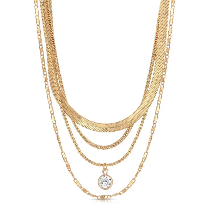 Ettika All the Chains Layered Necklace | Gold Layered Chain Necklace Stack with Crystal Pendant | Trendy Statement Jewelry for Women