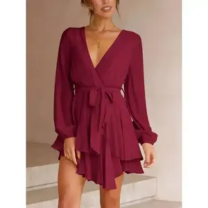 Women's Deep V-Neck Long Sleeve Waist Tie Mini Swing Party Dress Minimalist Short Basic Comfort Womenswear Fit Polyester