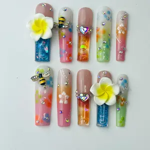 DiDazzle Tropic Pop “Island Bloom” Aquarium 1.7inch Press-On Nails – Hibiscus Liquid Core Square Nails, Tropical DIY