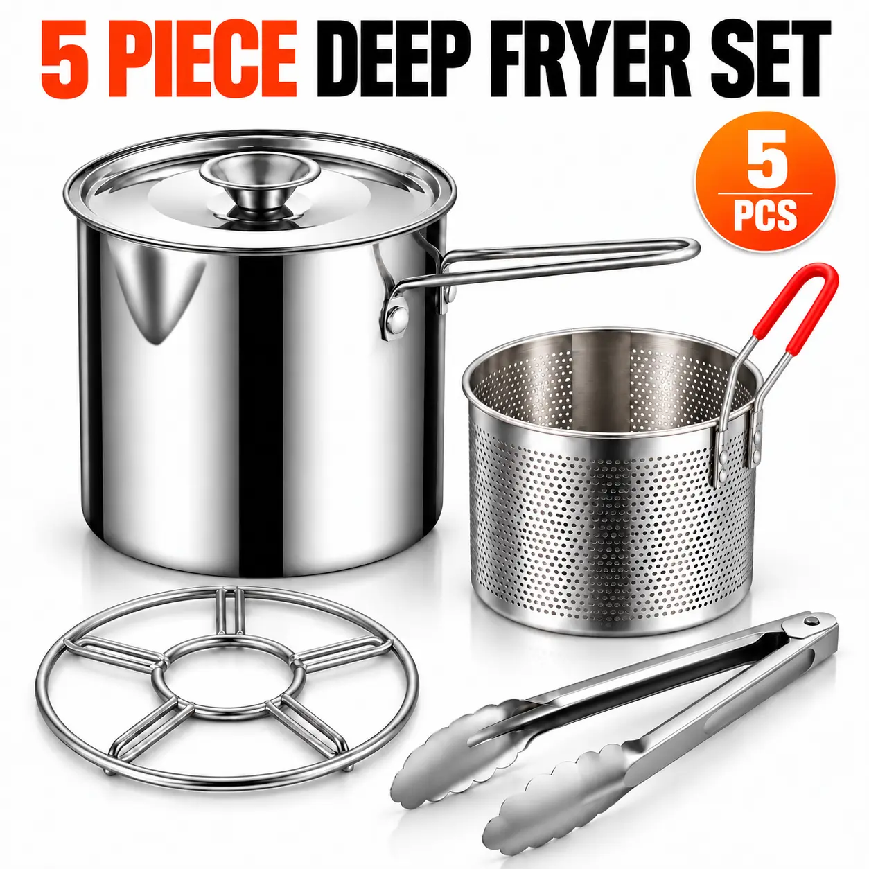 5-Piece Stainless Steel Deep Fryer Pot Set with Fry Basket, Lid, Stove Rack & Tongs, Multi-Purpose Cooking Pot for Frying, Boiling & Draining