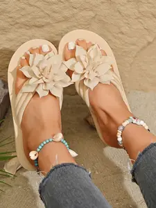Women's Floral Slipper Sandals, Anti-Slip Beach Vacation Shoes, Casual Textile Upper Eva Sole, Less Than Ankle Height