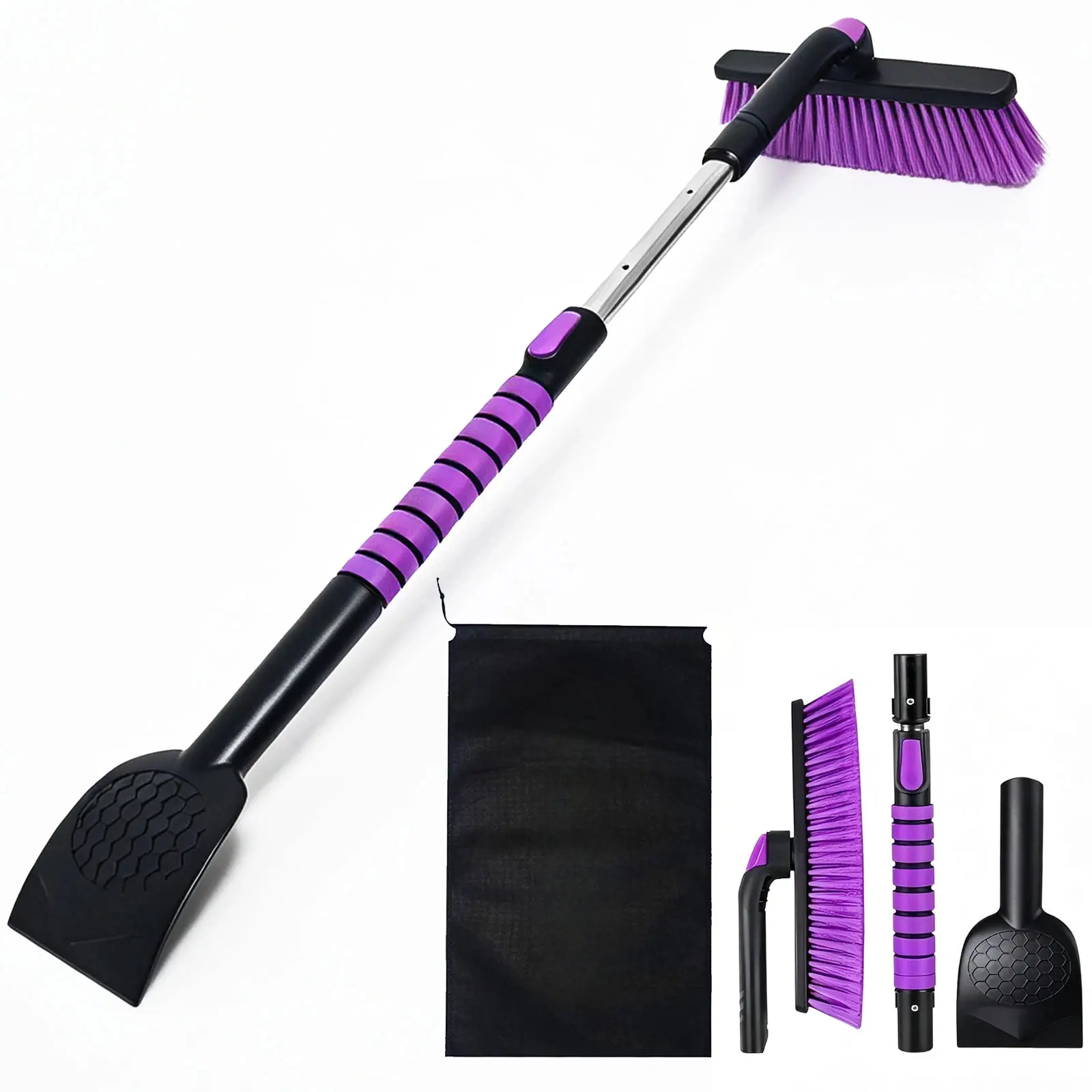45in Adjustable Collapsible Snow Brush with Ice Scraper, 360° Rotating Head, Synthetic Bristles, Long Handle for Truck-SUV-Pickup Automotive Exterior Snow Removal Tool