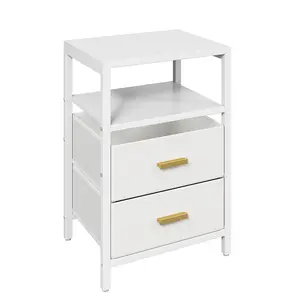 Bedside End Table Particle Board Modern Nightstand with 2 Fabric Drawers for Bedroom Living Room White
