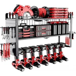 Power Tool Organizer Wall Mount With Pegboard - 7 Drill Holder - Garage Organization Storage Rack For Cordless Tool - Heavy Duty Metal Tool Shelf