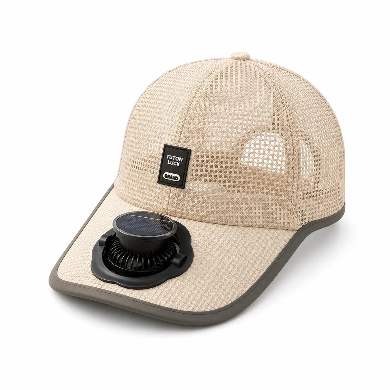 Beige Mesh Baseball Cap with Solar Charging Brim Fan, Outdoor Hat for Fishing, Gardening, Walking and Travel
