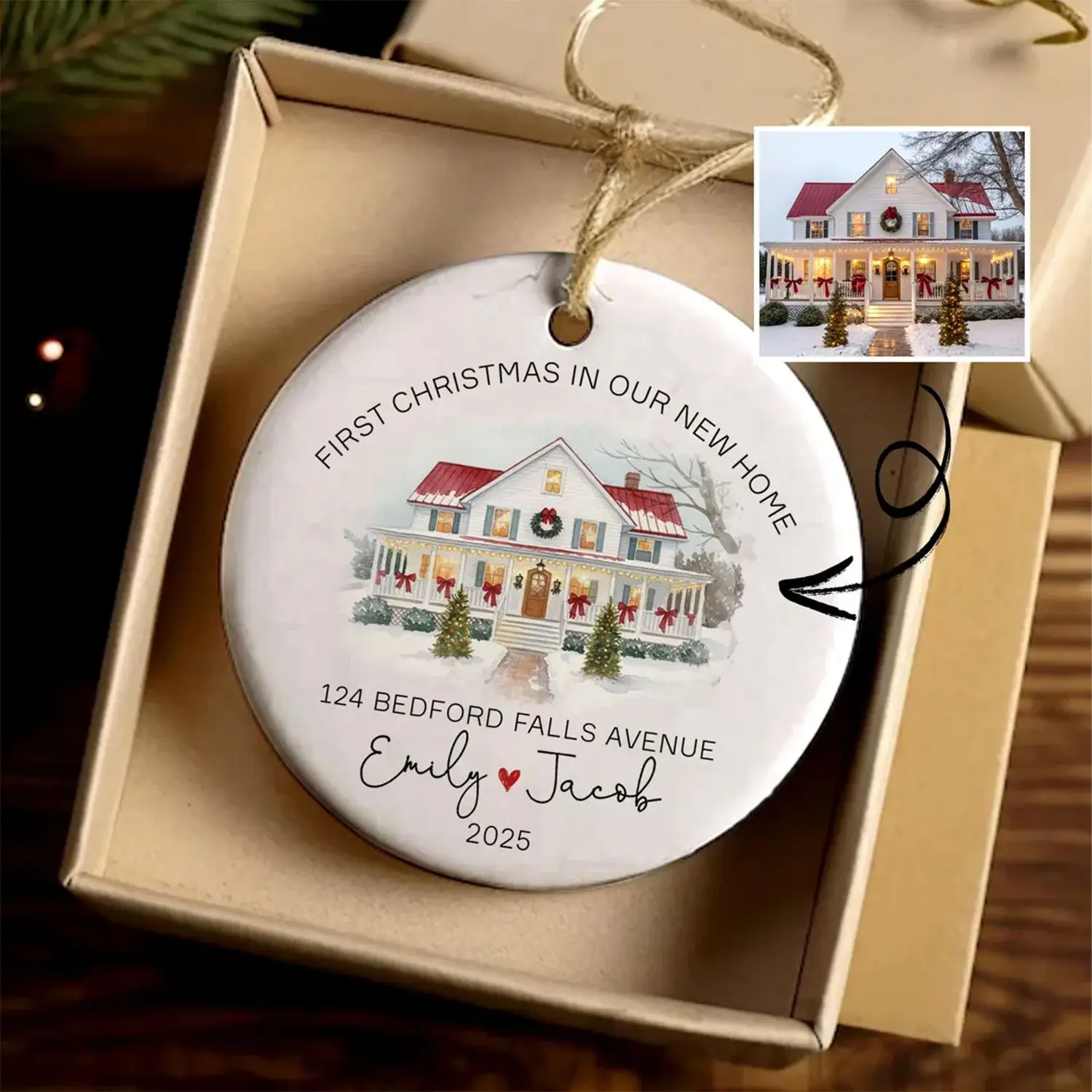 First Christmas Married Ornament for Couple Custom, House Warming Gifts for Newlywed 2025, Our New Home Custom Address, House Portrait