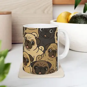Pug Cartoon Ceramic Mug, Dog Lover Coffee Cup, Funny Animal Tea Mug, Pet Owner Gift, Puppy Illustration Drinkware