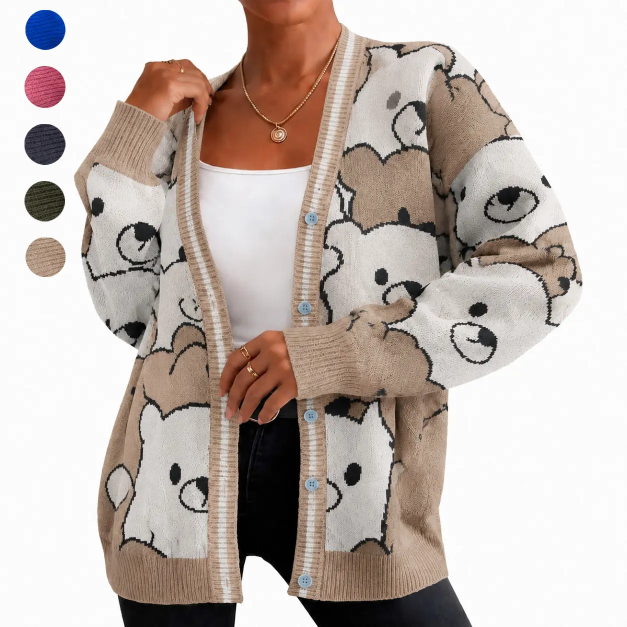 Women's 5-Piece Long Sleeve Knitting Fabric Bear Pattern Knit Cardigan - V-Neck, Button-Down, Baggy, Casual, Comfortable Sweater for Fall Winter Lounge (Pink, Blue, Grey, Green, Khaki), Top