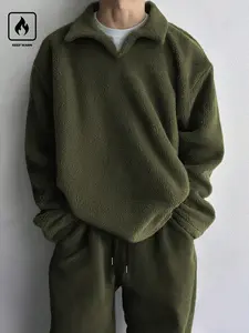 Women's Two-Piece Fleece Tracksuit Set, Warm Cold Weather Loungewear, Solid Color Sportswear, Olive Fleece for Comfort & Style