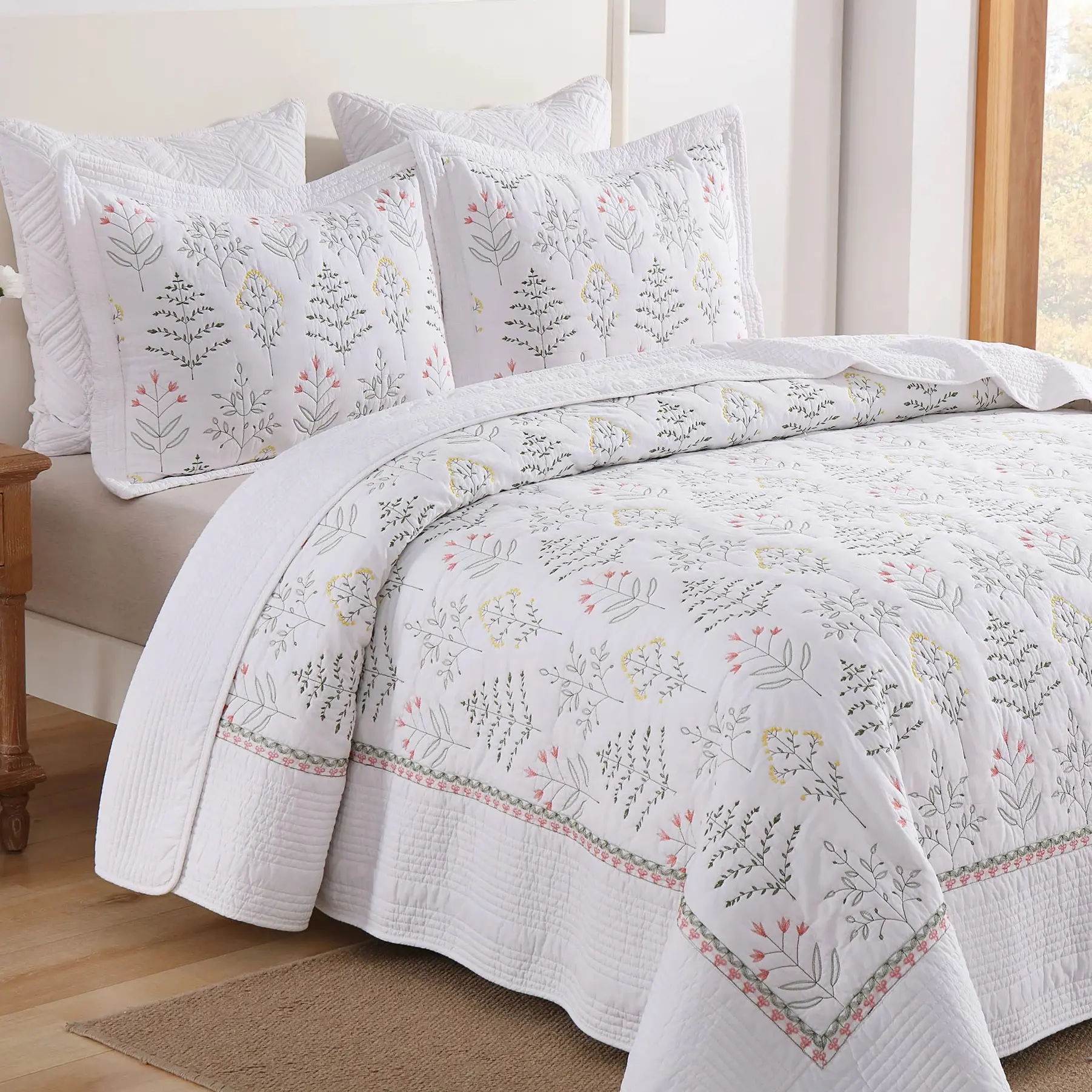 Botanical Luxury 3-Pcs 100% Cotton Quilted Decorative Bedding Set - Hotel-Class Soft, Breathable Bedspread