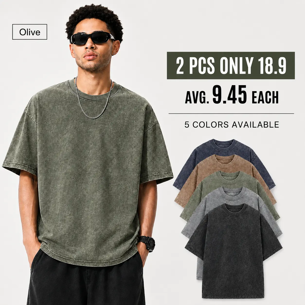 Men's 2-Pack Heavy Cotton T-Shirts - Oversized Vintage Acid Wash Baggy Round Neck Tops for Menswear Fashion