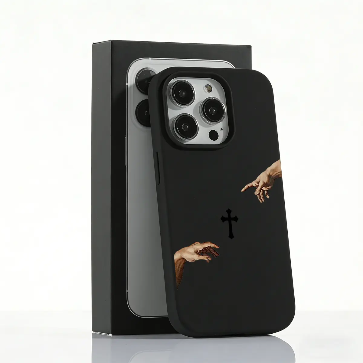 1PC "The Creation of Adam" Inspired Cross Phone Case, Artistic Reaching Hands & Christian Cross Design,For iPhone 17 Phone Case 16 15 14 /iPhone 13 phone case 12 11 Plus Air Pro, Perfect Holiday Gift, Large Hole Skin-friendly Protective Cover
