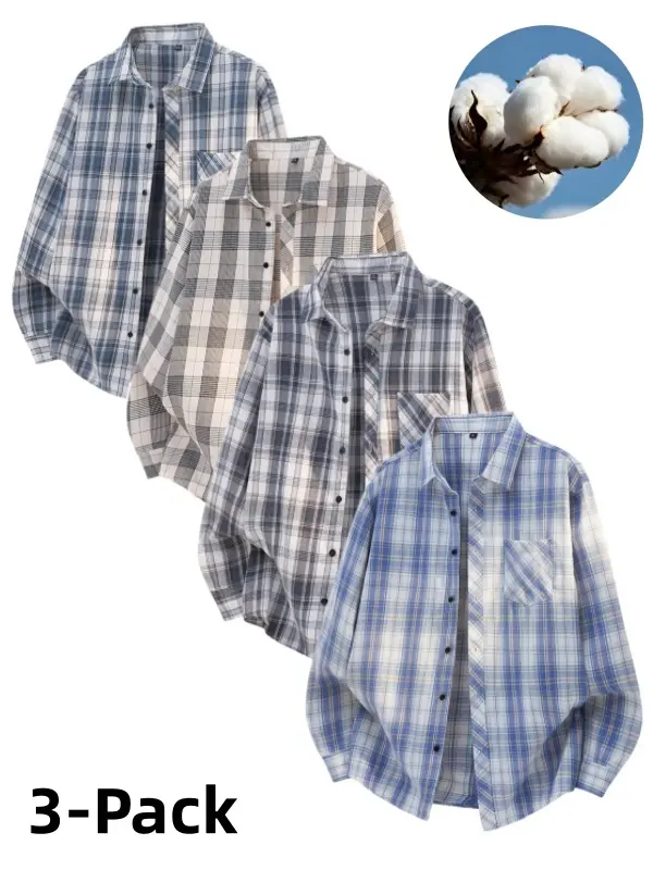 Unisex 3-Pack Collared Long-Sleeve Cotton Plaid Shirts - Loose Fit, Buttoned Collar, Pockets, Soft Breathable Lightweight Casual Tops for Men, Everyday Wear, Spring Autumn Outfits, Layering