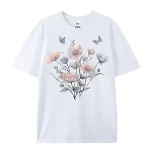 Women's Short Sleeve Watercolor Floral Butterfly Sports Top - Fitted Casual Round Neck, Floral Gradient Print, Versatile Daily Commute Streetwear T-Shirt