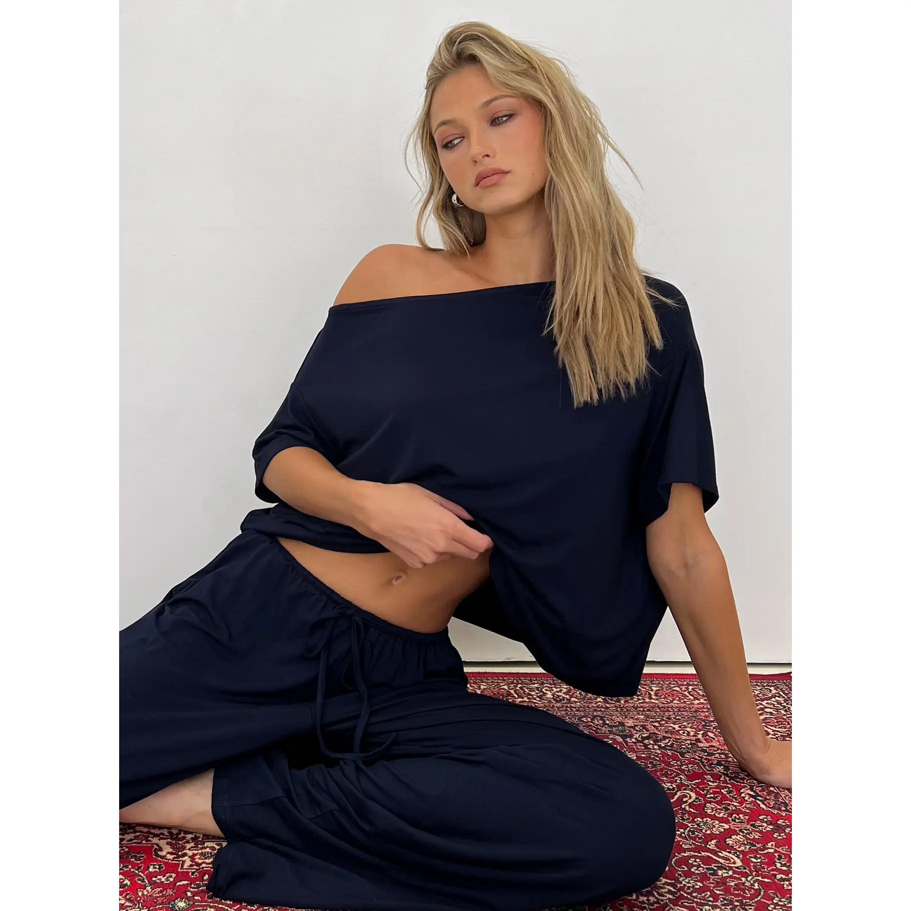 Cozy Hour Sleep Relaxed Off Shoulder Top Navy