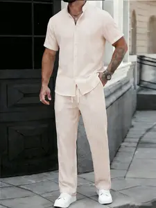 Men's Casual Loose-Fitting Suit Set, Breathable Comfort Fabric, Short Sleeve Shirt & Drawstring Pants, Two-Piece