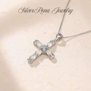 S925 Mother's Day Sterling Silver Opal Cross Necklace for Women, Daily Wear Elegant Protection Necklace, Silver Jewelry Gift for Women