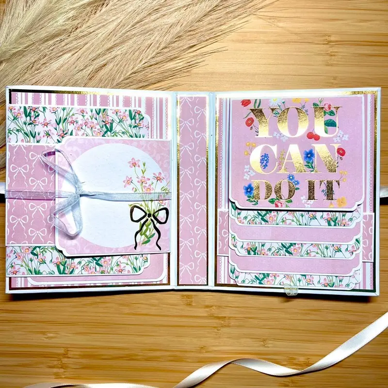 You Can Do It! Pink Mini Album, Scrapbook Folio, Girly Journal, Bows and Ribbons