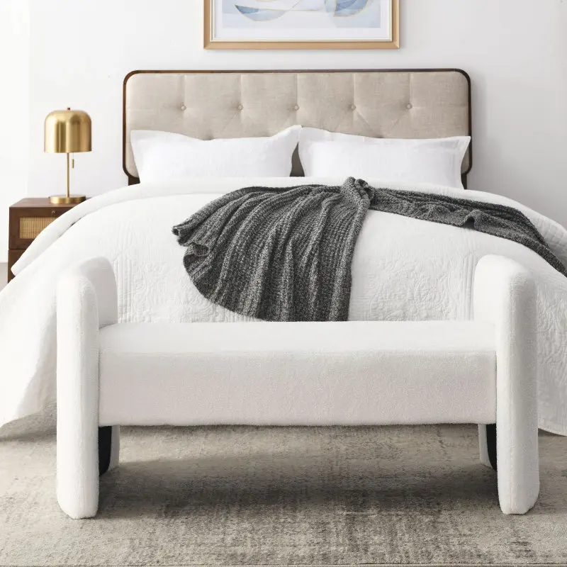 Welike 52" Bench for Bedroom End of Bed Modern Contemporary Design Ottoman Couch Long Bench Window Sitting Fireplace Bench Teddy White Ivory