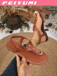 Women's Summer Flat Sandals, Soft Sole Non-Slip Footwear, Rivet Decor Roman Shoes, Versatile Commute Vacation Beach Shoes