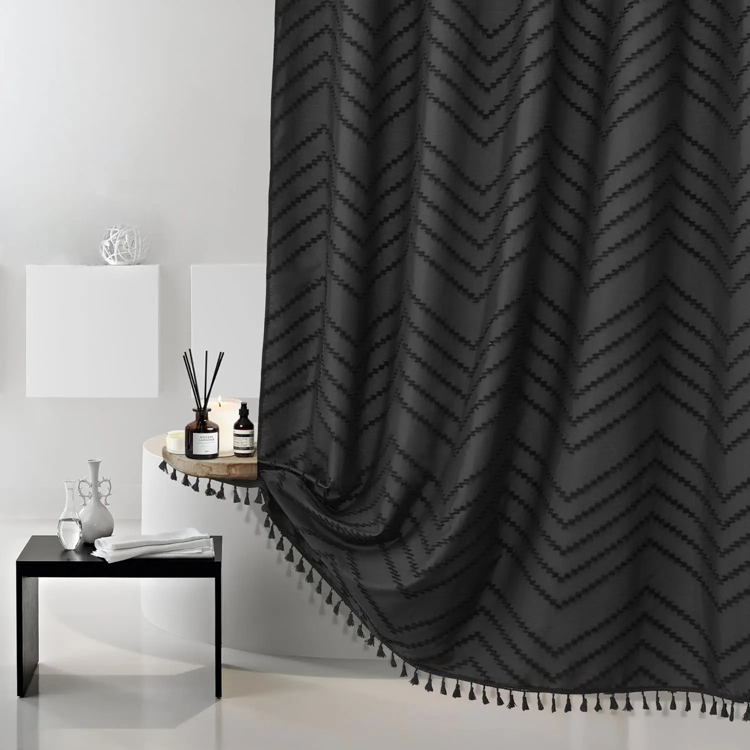 Waffle Shower Curtain Black Tassel Woven Fabric Shower Curtain 71 x 72 Modern Farmhouse Textured Tufted Chevron Striped Minimalist Bathroom Shower Curtain machine washable
