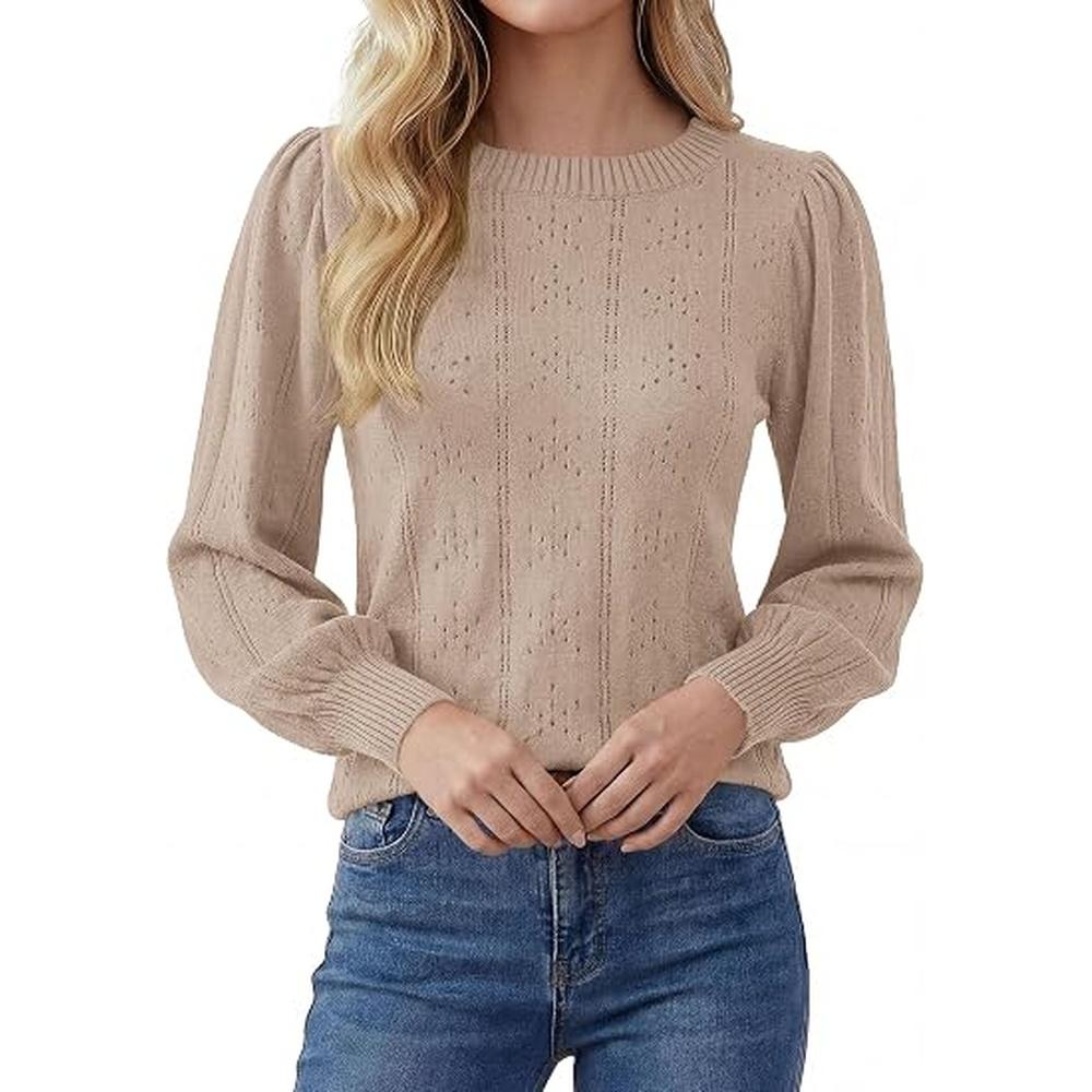 PRETTYGARDEN Women Fall Fashion Hollow Out Holiday Sweaters | Stretchy Cozy Knit, Puff Long Sleeve Pullover Tops, Crewneck Loose Fit, Dressy Casual Blouse, Trendy Winter Going Out Outfits#SohoChic