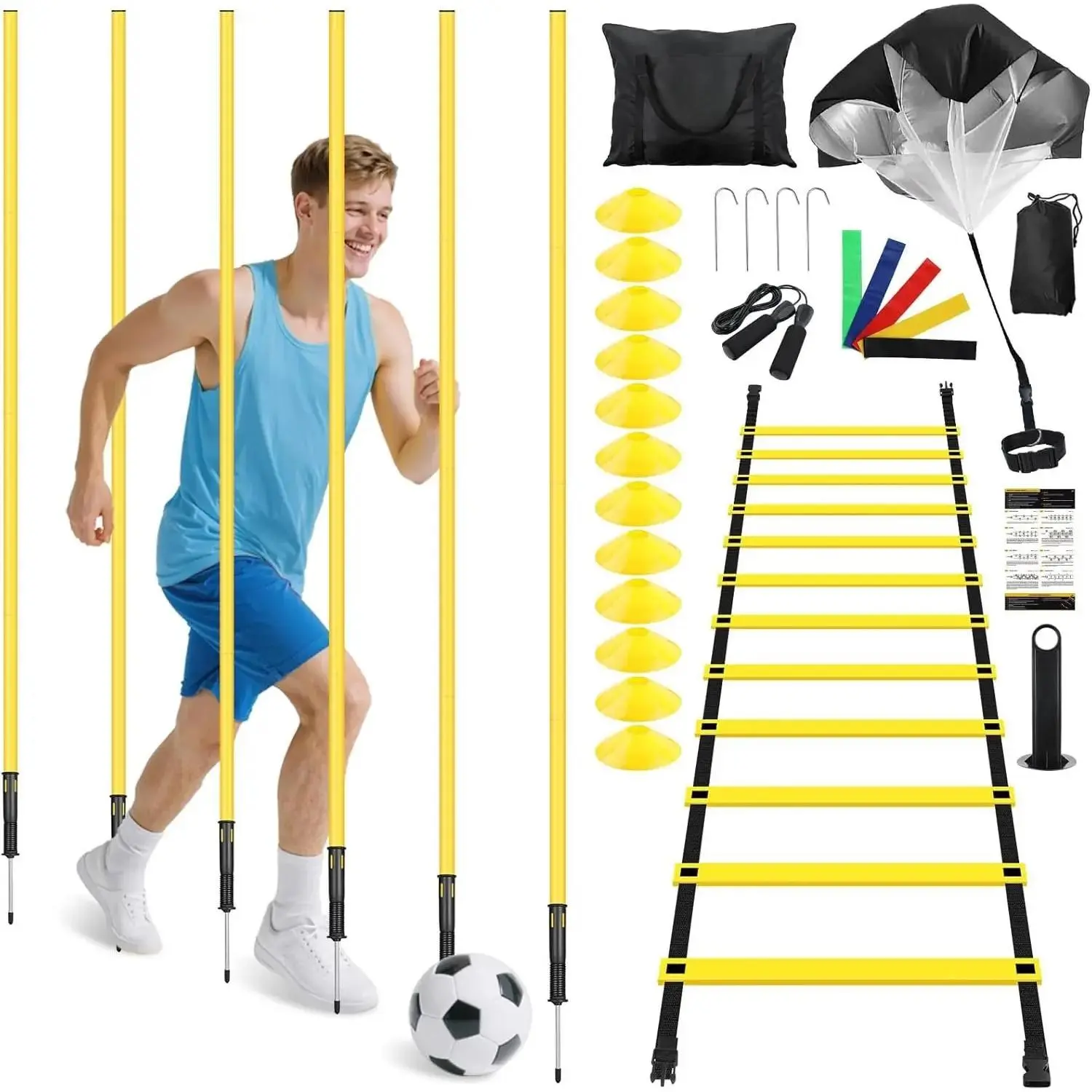 Soccer Agility  Equipment, 6 Agility Poles, 20ft Speed Ladder, 12 Disc Cones, Resistance Parachute, Jump Rope, 5 Resistance Bands, Soccer  Poles for Speed Agility