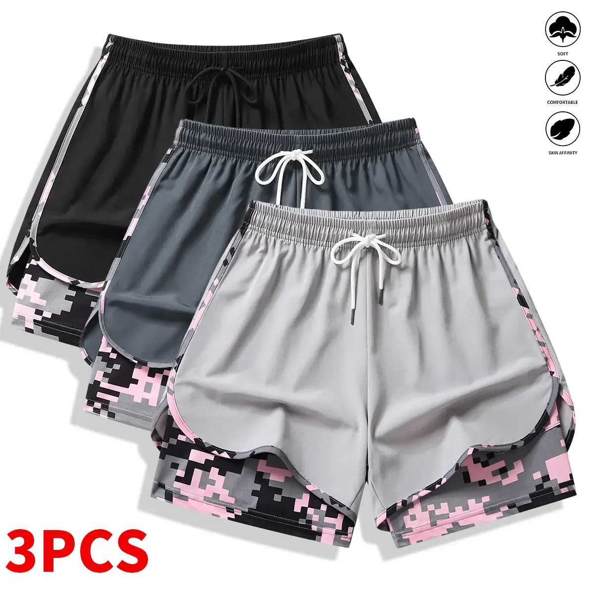 3-pack women’s casual athletic shorts with built-in liner, drawstring, elastic waistband—suitable for outdoor sports, fitness, running, and casual wear; women’s shorts, athletic shorts, womenswear, Mid Waist, Polyester Fabric