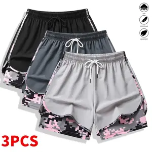3-pack women’s casual athletic shorts with built-in liner, drawstring, elastic waistband—suitable for outdoor sports, fitness, running, and casual wear; women’s shorts, athletic shorts, womenswear, Mid Waist, Polyester Fabric