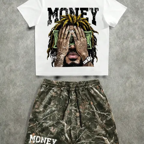 Two-piece Set Men's Regular Fit Camo Print Graphic Tee & Shorts, Casual Short Sleeve T-shirt & Shorts, Men's Summer Clothes, Matching Shorts Set, Menswear, Tops Shorts Set, Casual Outfit Set, Casual Clothing Set