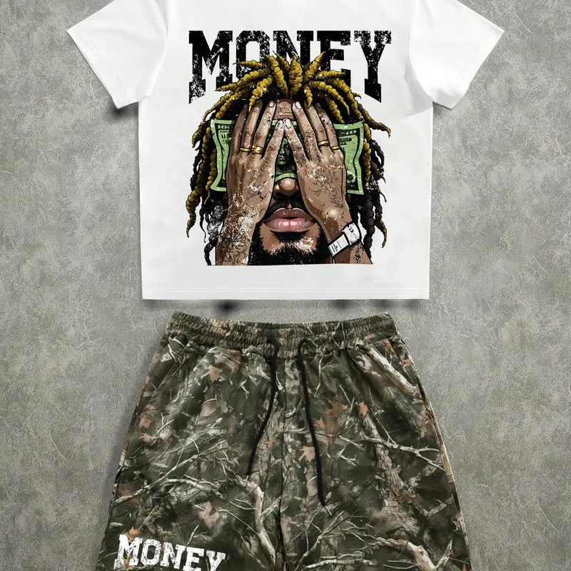 Two-piece Set Men's Regular Fit Camo Print Graphic Tee & Shorts, Casual Short Sleeve T-shirt & Shorts, Men's Summer Clothes, Matching Shorts Set, Menswear, Tops Shorts Set, Casual Outfit Set, Casual Clothing Set
