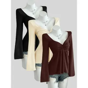 Elegant women’s long-sleeve V-neck T-shirt set, basic solid color for autumn and winter fashion, multifunctional three-piece set GARMENTARY