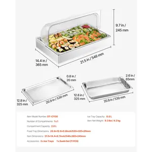 VEVOR Countertop Food Serving Display Container, 1x 1 Pan Stainless Steel Food Serving Tray, Buffet Condiment Dispenser Display Rack with Clear Lid 3 Ice Trays, for Restaurant Hotel Kitchen Party