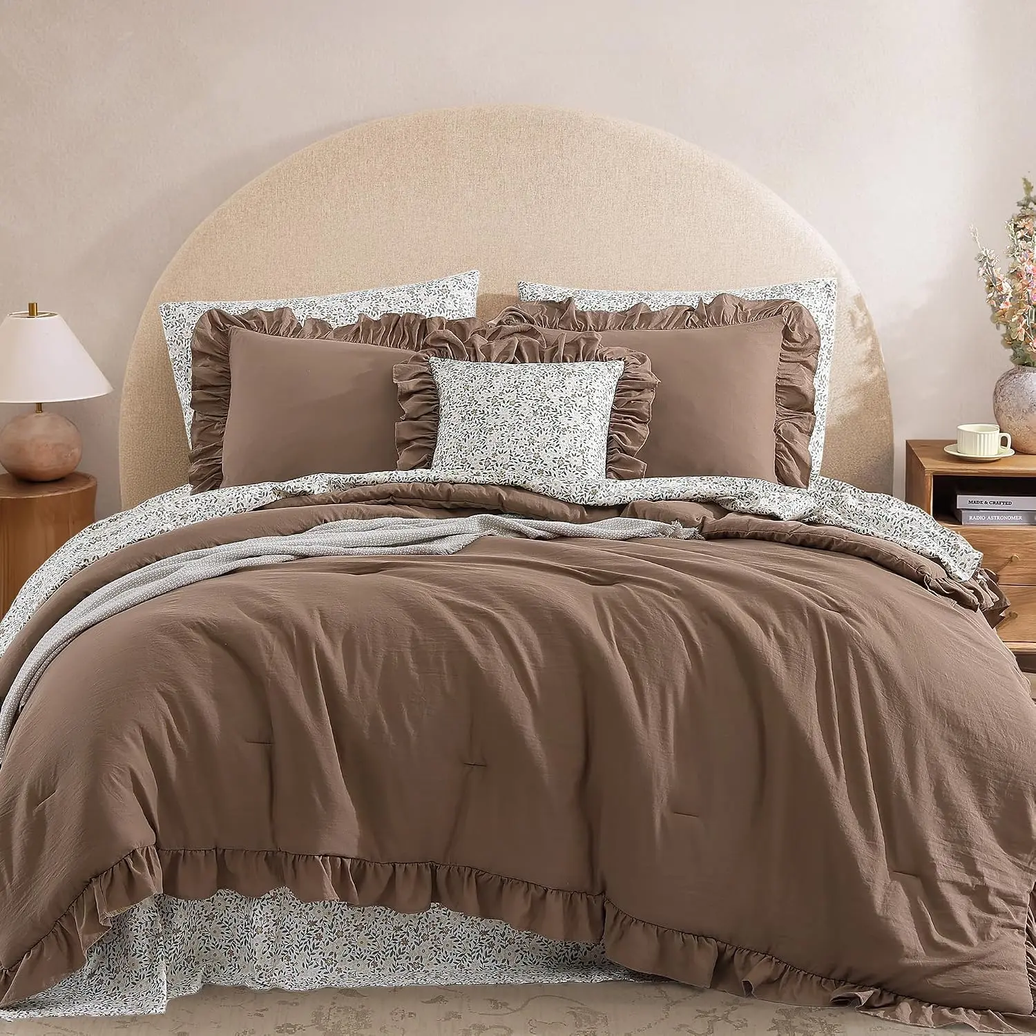 Monbix FallPickDeals 5/7-Pieces Microfiber Comforter Bed Sheet Set - Modern Farmhouse Coastal Floral Bedding, Home Decor, Bedroom Inspo Cute Room Stuff with Double-Sided Storage Pockets, Single-Stitch Comforter, Pillowcases, Shams, Flat & Fitted Sheets