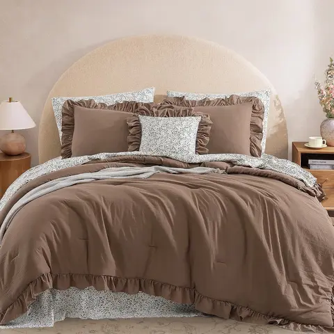 FallPickDeals 5/7-Piece Microfiber Comforter Bed Sheet Bedroom Bundle - Modern Farmhouse Coastal Floral Bedding, Double-Sided Storage Pockets, Single-Stitch Comforter, Pillowcases, Shams, Flat & Fitted Sheets, Room Decor, Chic Home Decor, Home Goods
