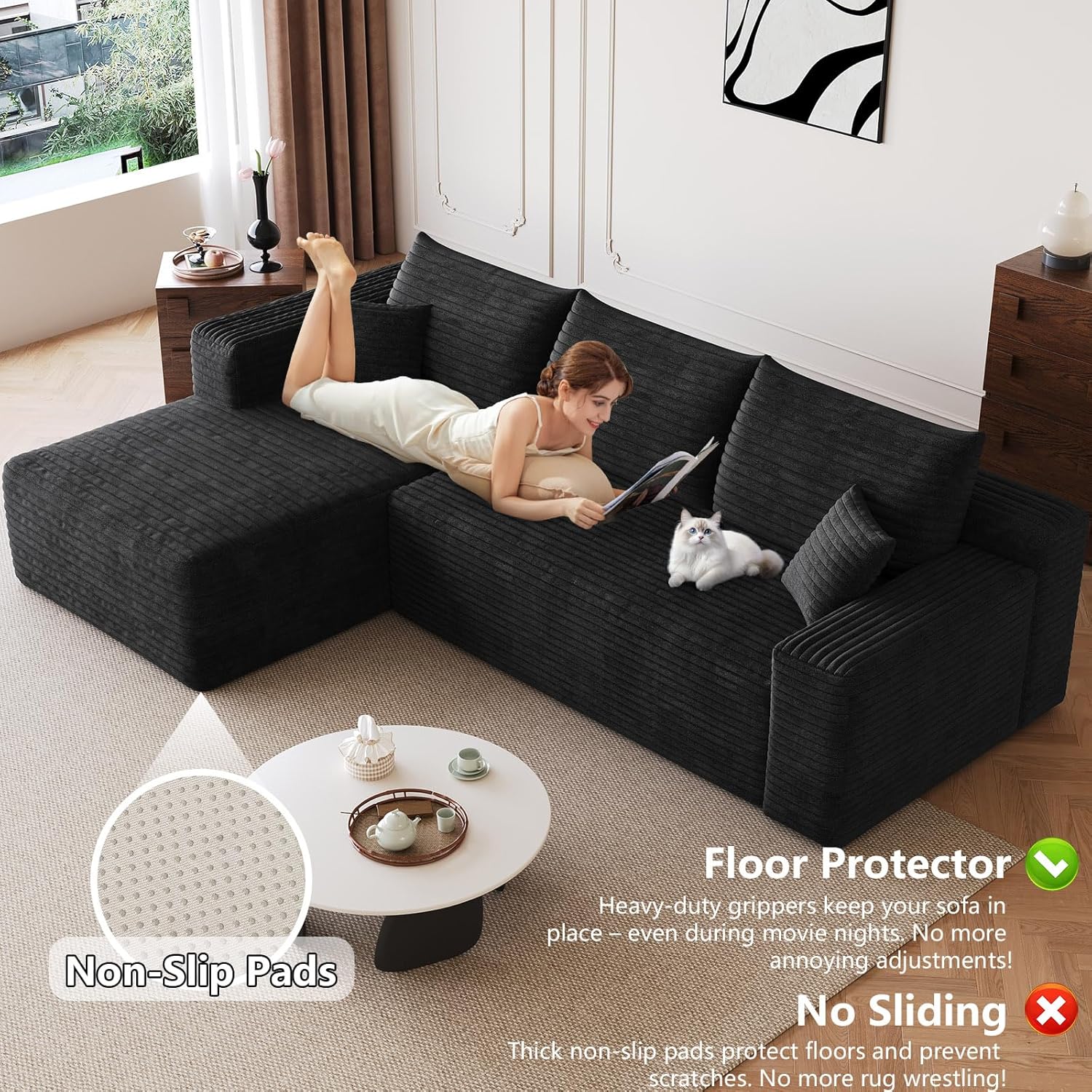 94" Modular Sectional Sofa Couch, Modern Corduroy Cloud Couch, Boneless Couch Upholstered 3-Seater L-Shaped Sofa for Living Room, No Assembly Required (Black,Left-Facing Chaise)