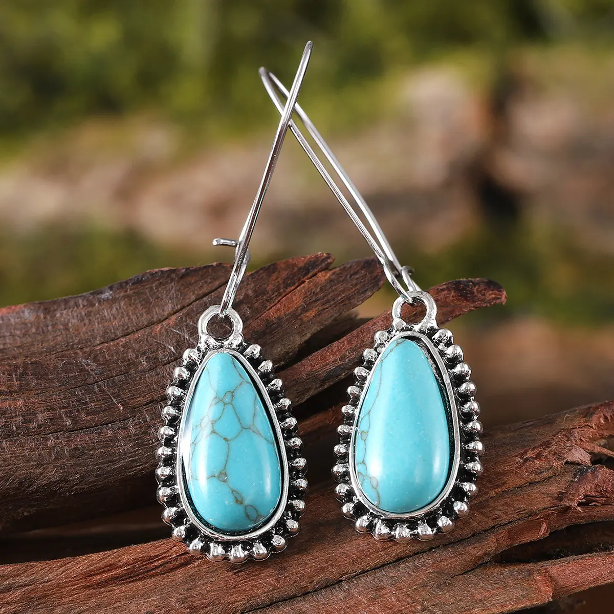 Synthetic Turquoise Teardrop Dangle Earrings, Vintage Silver‑Tone Boho Western Drop Earrings, Southwestern Cowgirl Jewelry Gift For Women
