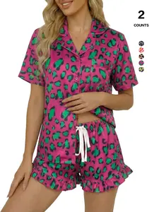 2026 Women's 2 Piece Satin Pajama Set Leopard Button Front Short Sleeve Cheetah Collar Shirt and Shorts Sleepwear Set Pjs Spring And Summer
