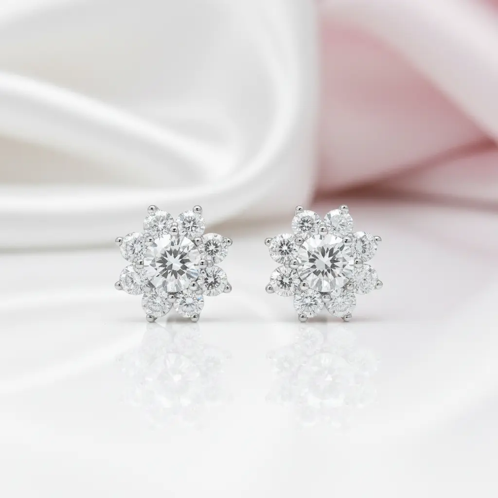 1.0 Ct Snowflake Shaped 6.5mm Halo Diamond Option Stud Earrings