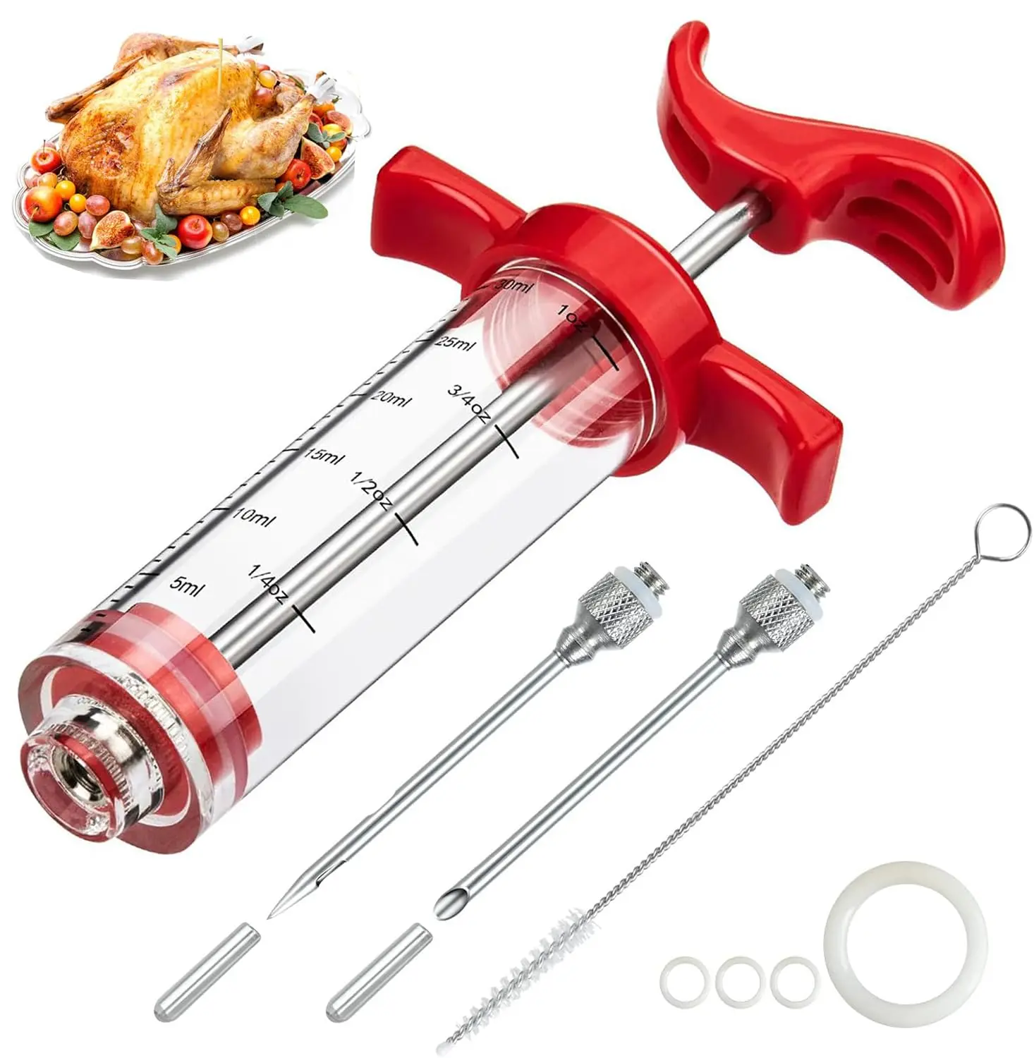 Reusable Kitchen Plastic Meat Injector Syringe Kit with Stainless Steel Needles, 1 oz Marinade Portable Injector for Turkey, BBQ, Lightweight Kitchen Utensil