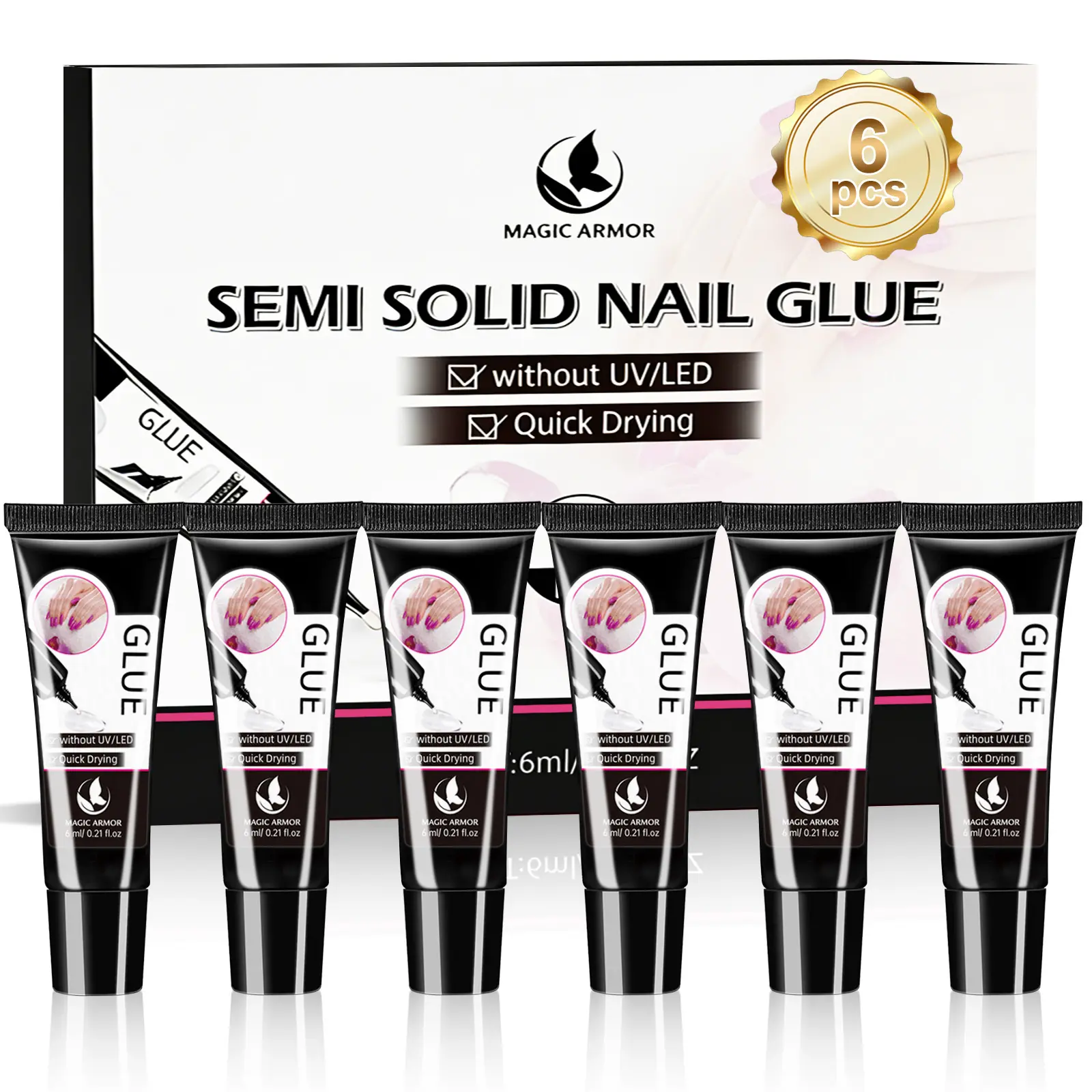 6Pcs Nail Glue for Press On, No Need for UV Lamp Super Strong Nail Glue Quick Drying Gel Long Lasting for Fake Acrylic Nails(6g x 6)