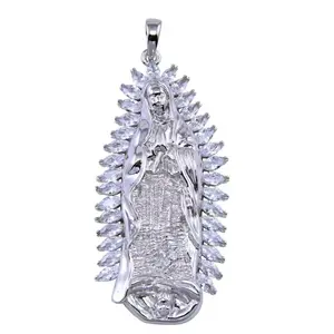 Rhodium Plated 925 Sterling Silver CZ Lady of Guadalupe Pendant