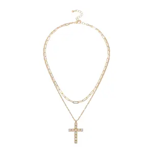 New Cross Necklace Double layered Stacked Water Diamond Pendant
