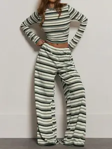 Women's Two-Piece Set, Casual Striped Knit Long Pants, Round Neck Long Sleeve Top, High Waist Wide Leg, All Seasons Fashion