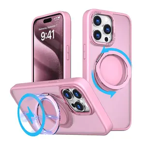 MXX iPhone 15 pro max case with 360° Rotatable Ring, Magnetic Stand, Compatible with MagSafe, Silicone Protective Cover for Women and Men - (Pink) Accessories Protection