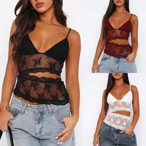 Amzglee Lace Stitched Backless Small Sling Women V Neck Tank Top Underwear Vest Candy Color Bralette Clothes