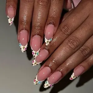 SHEDARES Gem Bloom – Handmade Glossy White Medium Almond Press-On Nails with Starry Bejeweled  French Tips & 3D Gem Accents – Ideal for Birthday, Wedding & Parties