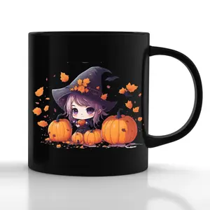 Halloween Little Witch Coffee Black Mug, Cute Spooky pumpkins Ghost Mug, Pumpkin Ceramic Mug, Halloween Night Mug